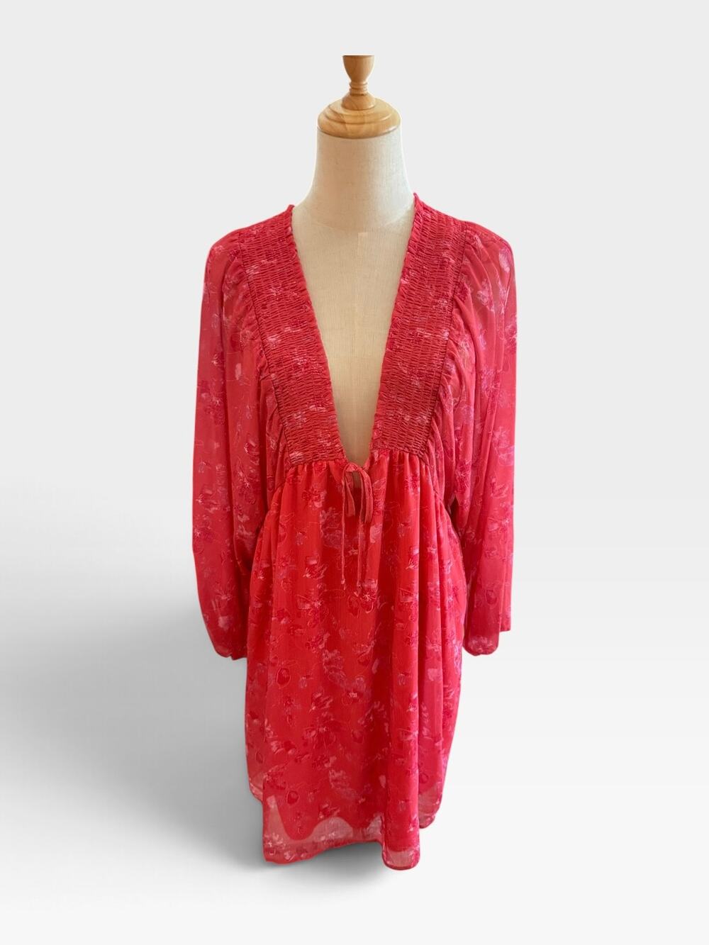 Peach Love Pink Floral Deep Plunge Dress with Smocked Neck